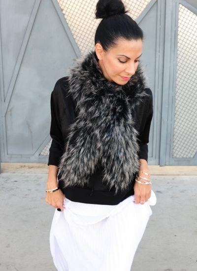 Styling Winter Fashion Black & White - DVF Top - Theory Pleated Skirt - Faux Fur Stole