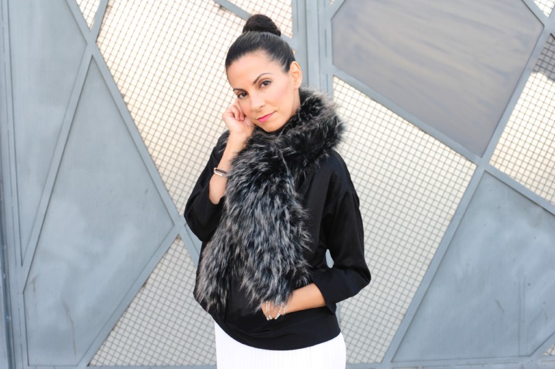 Styling Winter Fashion Black & White - DVF Top - Theory Pleated Skirt - Faux Fur Stole