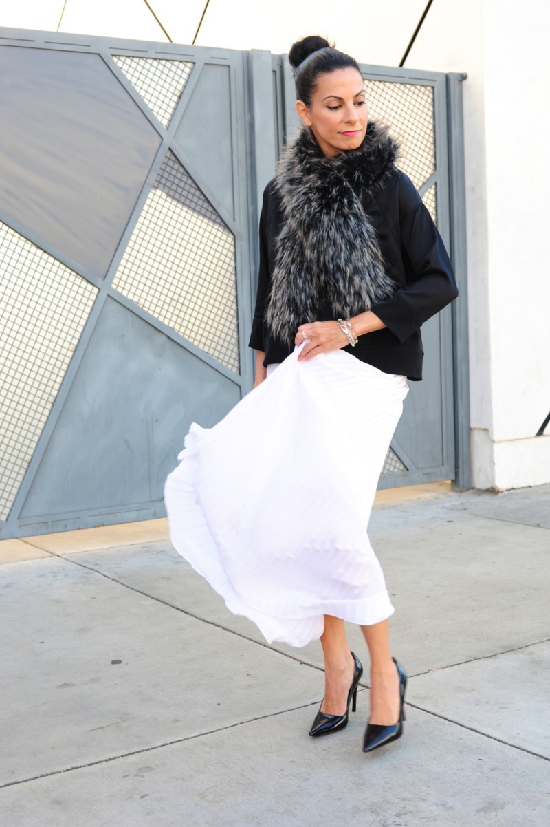 Styling Winter Fashion Black & White - DVF Top - Theory Pleated Skirt - Faux Fur Stole